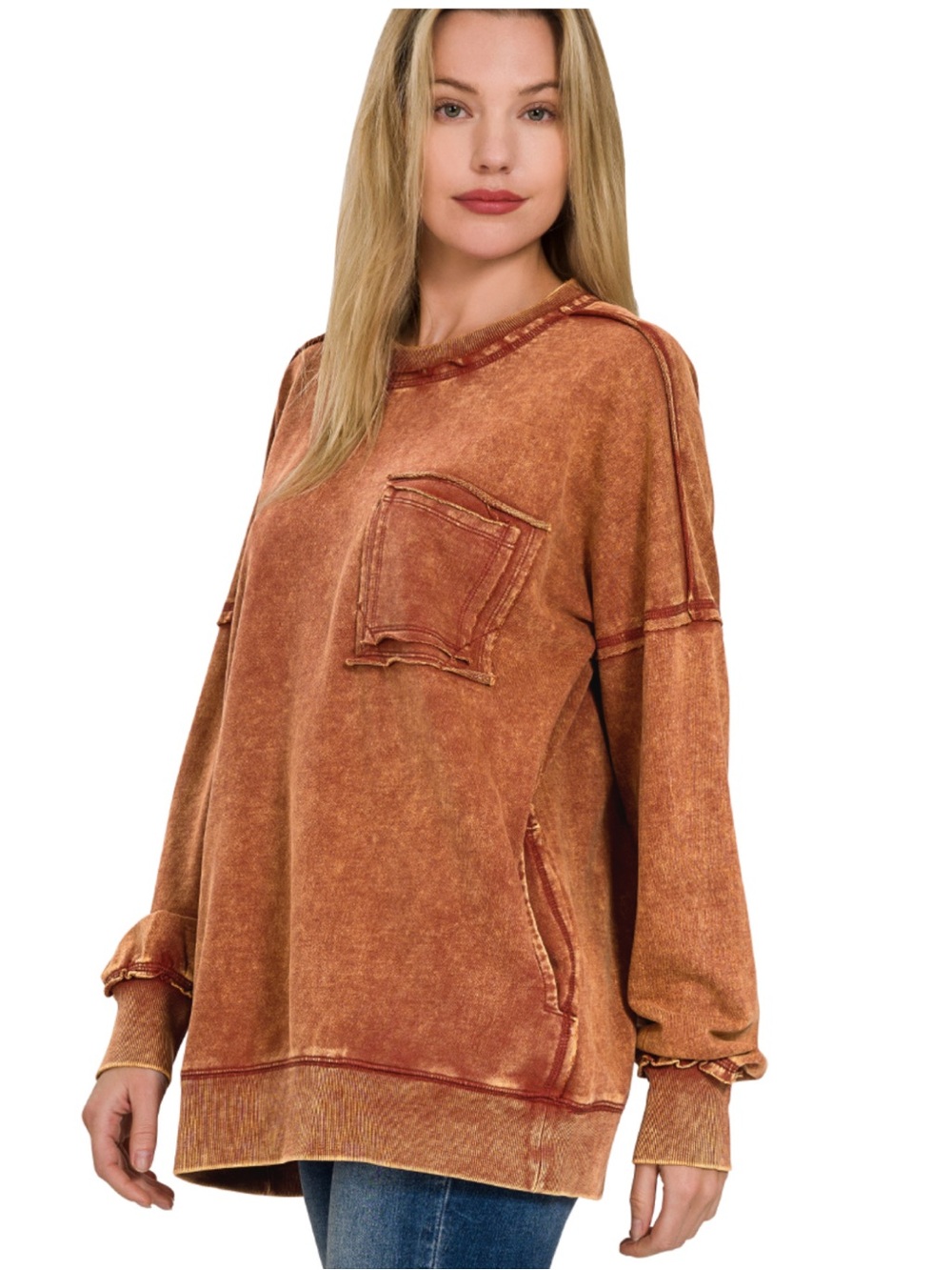 NWOT Zenana Rust Acid Wash French Terry Cotton Long Sleeve Pullover Top 1x
